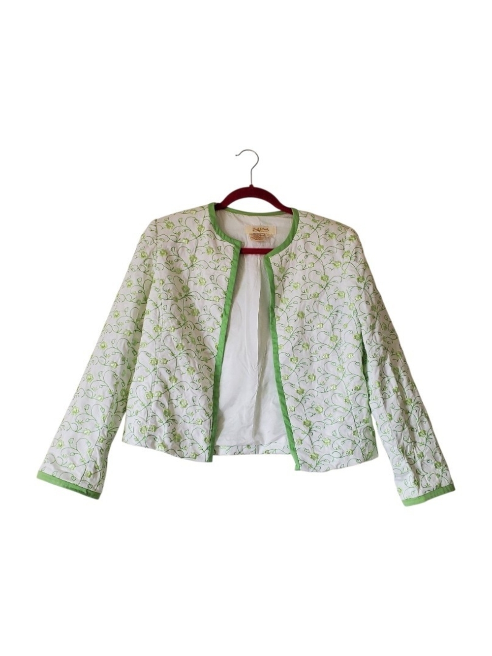 Peck & Peck Open-Front Jacket in White & Green Floral Embroidered Size 8 Petite